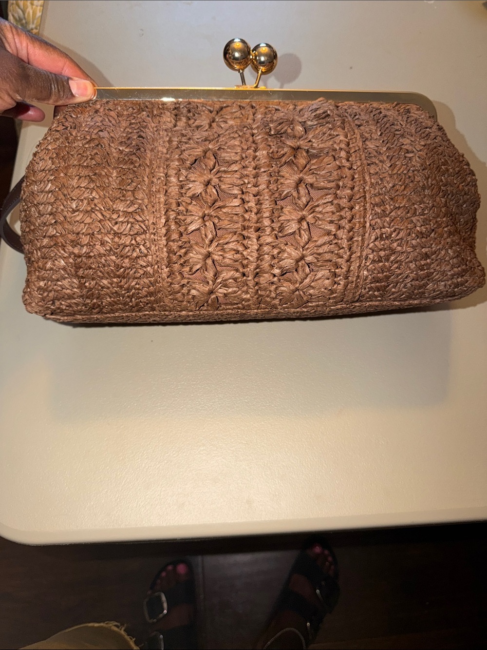 a new day Brown Woven Clutch with Gold Frame